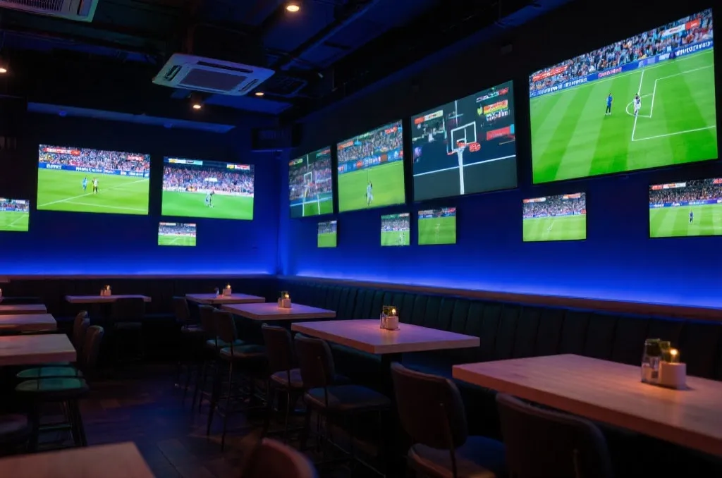 A modern sports bar with multiple screens displaying live soccer and basketball matches